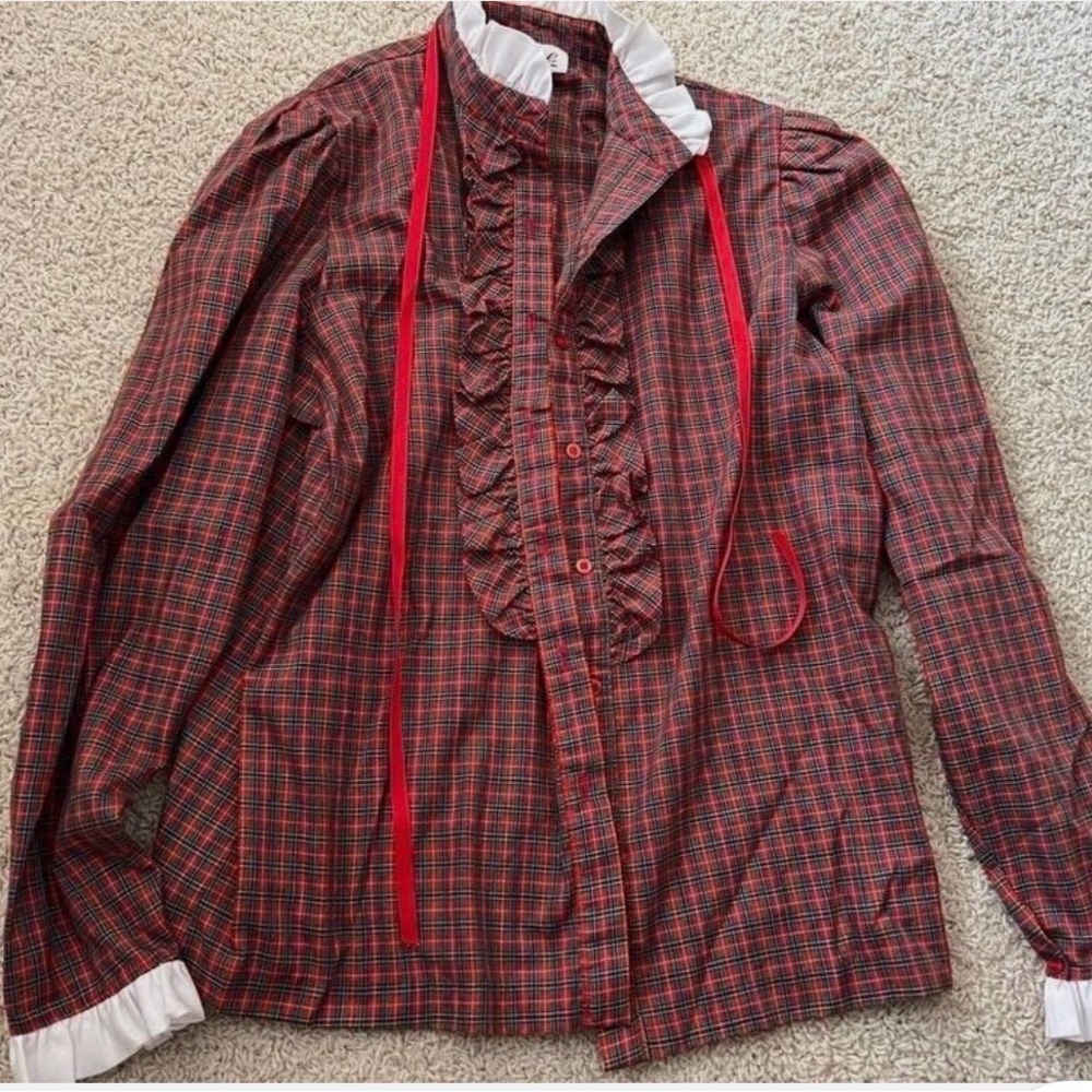 Vintage Rhoda Lee Red Plaid Ruffle Blouse Womens 12